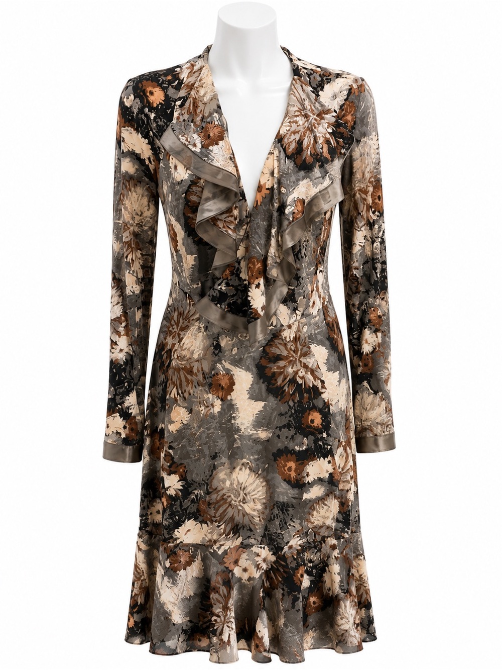 Yigal Azrouel Floral Ruffle-Front Long Sleeve Dress in Gray & Brown
